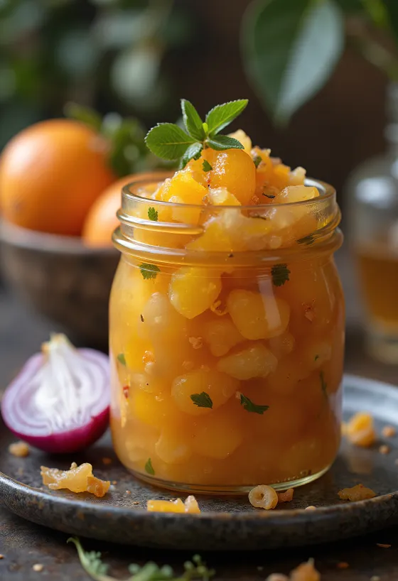Chutney gừng cam mật ong được bày ra đĩa