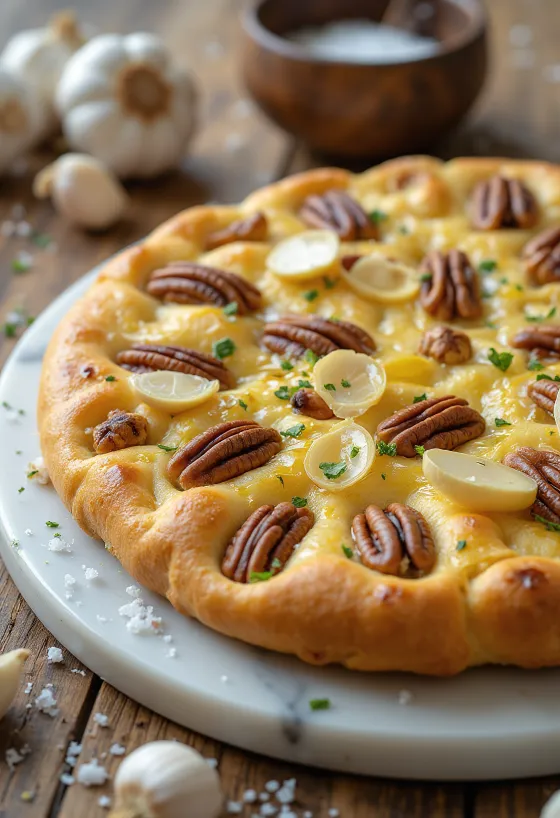 Focaccia tỏi, hương thảo và hạt hồ đào được dọn ra