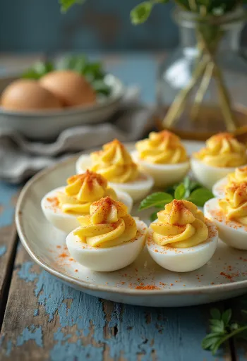 Trứng nhồi trang trí với rau thơm tươi và ớt bột