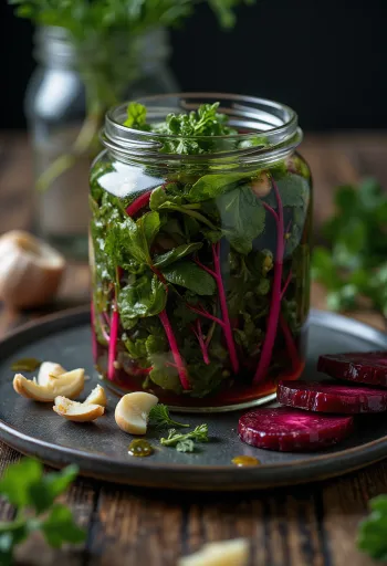 Lá củ dền gia vị ngâm chua trong lọ