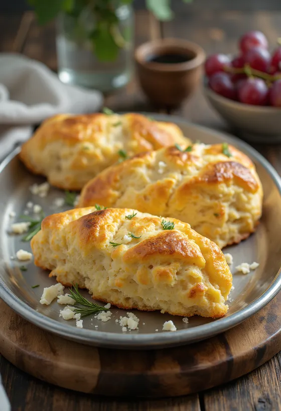 Bánh Pogácsa phô mai dê hương thảo được bày ra đĩa