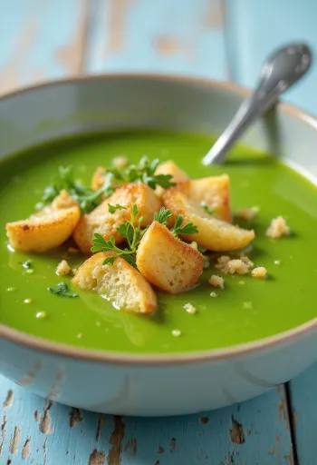 Súp kem đậu hà lan tỏi bày trên đĩa