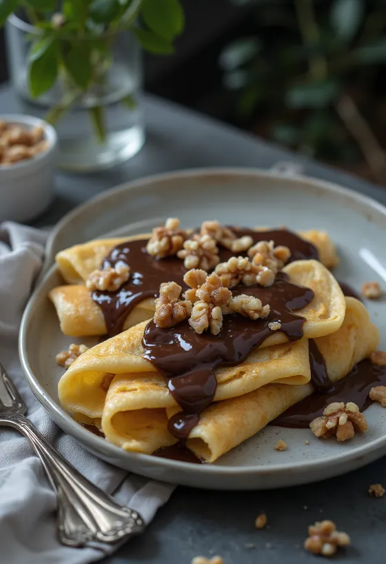 Bánh crepe Gundel mới làm, nhân kem hạt óc chó, rưới sốt sô-cô-la, bày trên đĩa.