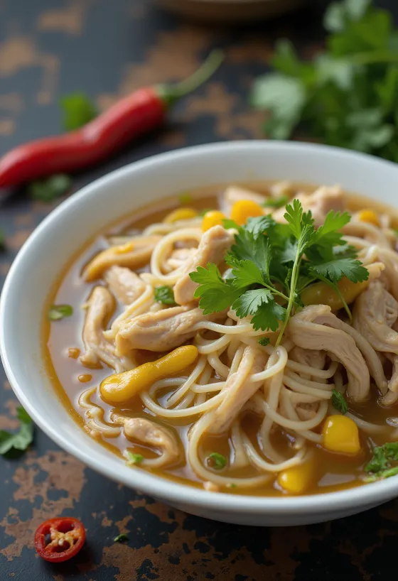 Phở gà ta da vàng với lá chanh thái chỉ