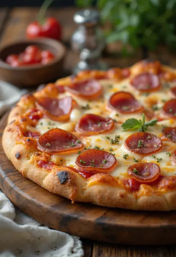 Pizza thịt và xúc xích salami được bày biện đẹp mắt