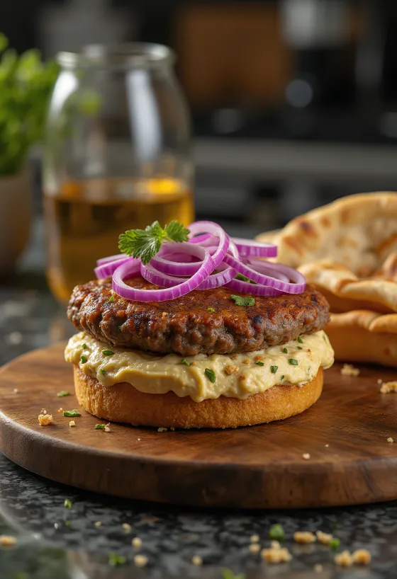 Hamburger Trung Đông mới làm với hummus và tahini