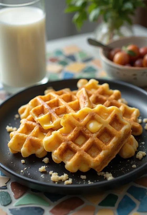 Bánh waffle phô mai mới nướng với lớp vỏ vàng ruộm giòn tan
