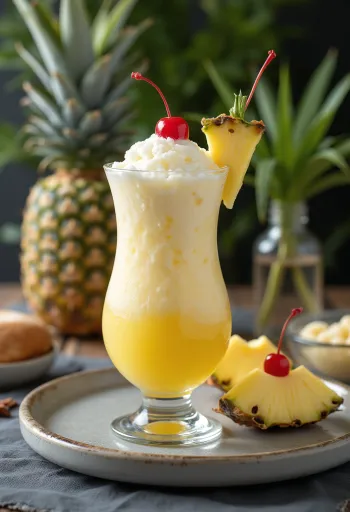 Piña Colada trang trí với dứa tươi và anh đào cocktail