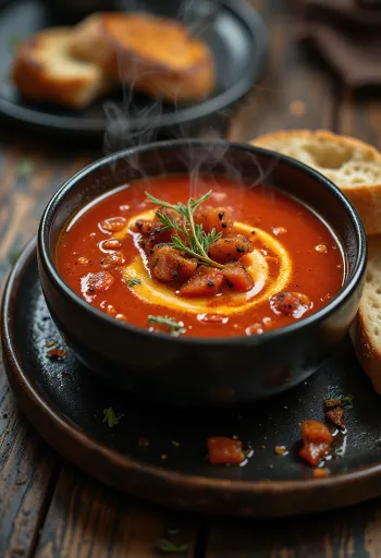 Súp cà chua nướng khói BBQ được bày ra đĩa