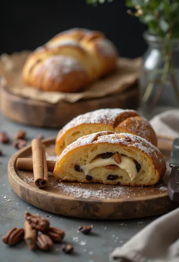 Bánh Stollen Quế Hạt Hồ Đào cắt lát, rắc đường bột, trên nền mộc mạc