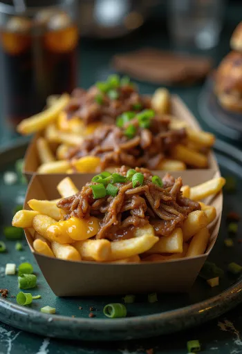 Khoai tây chiên Poutine phủ đầy phô mai và sốt thịt