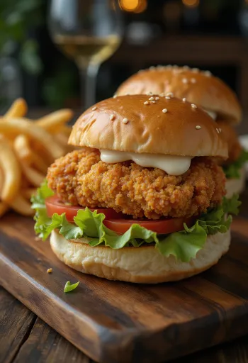 Burger Gà Giòn được bày ra đĩa