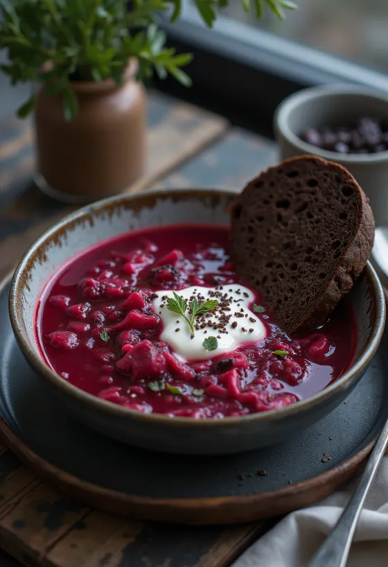 Súp Borscht truyền thống với củ dền, cà rốt và kem chua.