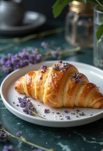 Croissant hoa oải hương trên bàn gỗ