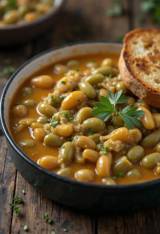 Món hầm đậu cô ve trong sốt kem chua đặc, rắc thì là tươi