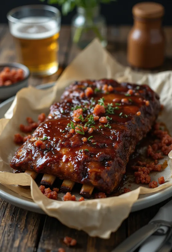 Sườn heo nướng BBQ bày cùng món ăn kèm tươi ngon