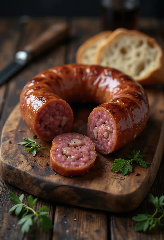 Xúc xích hun khói cắt lát, ăn kèm bánh mì tươi và ớt.