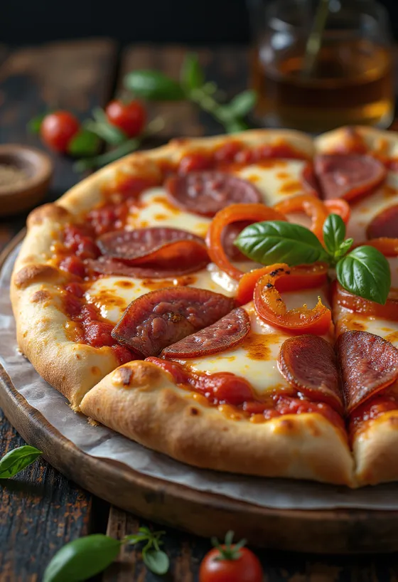 Pizza alla Campagnola với xúc xích salami và rau củ