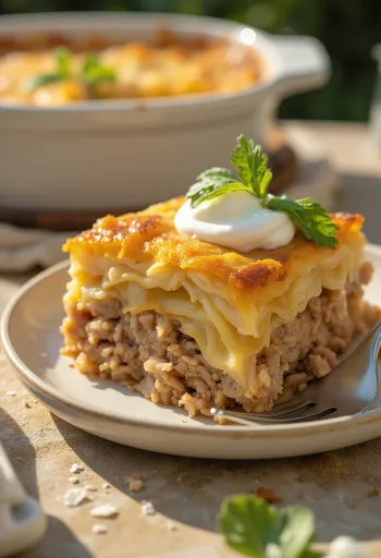 Bắp cải xếp lớp truyền thống, xếp lớp với thịt xay và gạo, phục vụ với kem chua