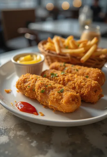 Xúc xích tẩm bột chiên vàng ruộm, lớp vỏ giòn tan, ăn kèm mù tạt và tương cà tươi.