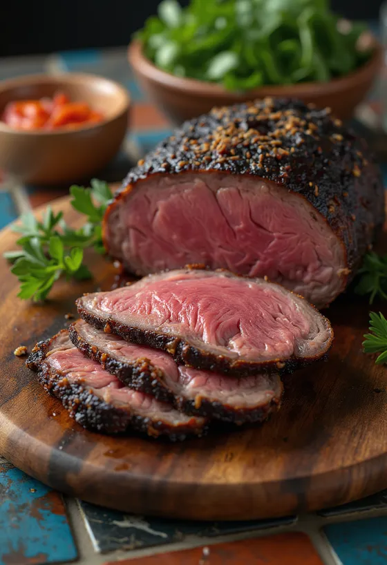Gầu bò xông khói bày trên đĩa với đồ ăn kèm tươi