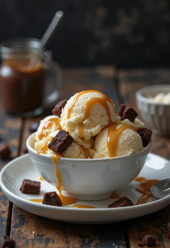 Kem vani caramel brownie được phục vụ