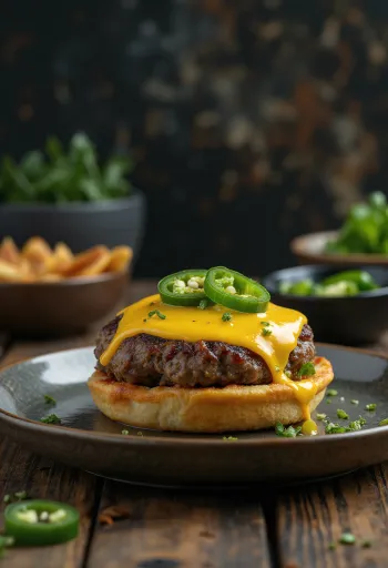 Burger phô mai jalapeño với chả thịt mọng nước và ớt jalapeño cay nồng