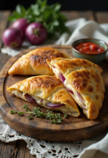 Calzone nhân phô mai hành tím cắt đôi