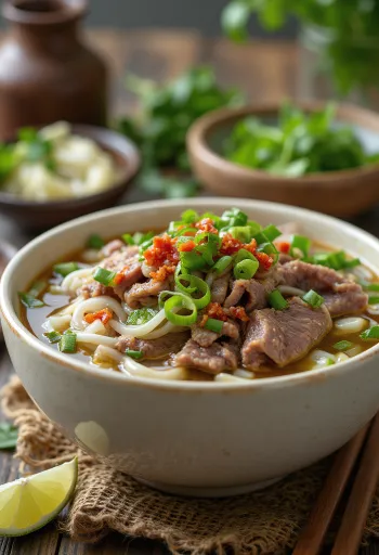 Phở bò với nước dùng nóng, rau thơm tươi và chanh