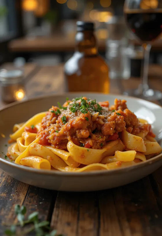 Ragu thỏ ăn kèm mì pappardelle và trang trí bằng hương thảo tươi
