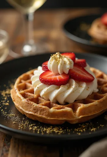 Bánh waffle dát vàng thực phẩm ăn kèm kem tươi và dâu tây