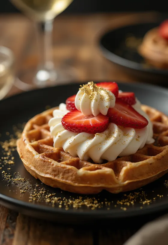 Bánh waffle dát vàng thực phẩm ăn kèm kem tươi và dâu tây