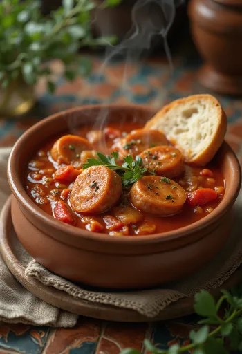 Lecsó xúc xích với ớt tươi, cà chua và xúc xích hun khói