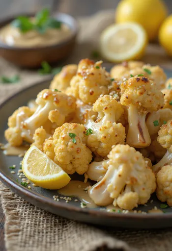 Salad súp lơ nướng vàng giòn với sốt tahini trắng mịn và rau mùi tây.