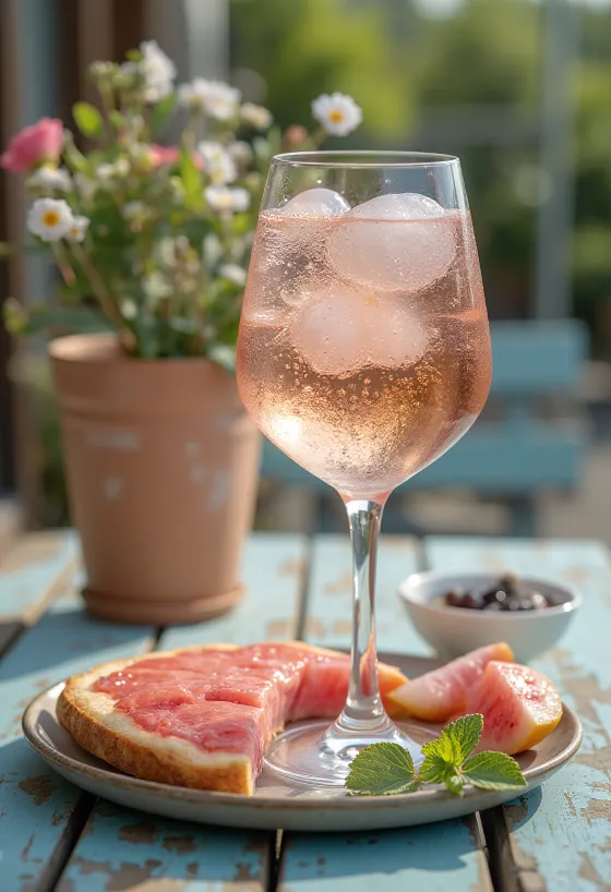 Rượu vang hồng pha soda phục vụ với lát chanh và đá