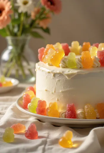 Bánh kem kẹo dẻo sắc màu phủ fondant trắng và trang trí kẹo dẻo