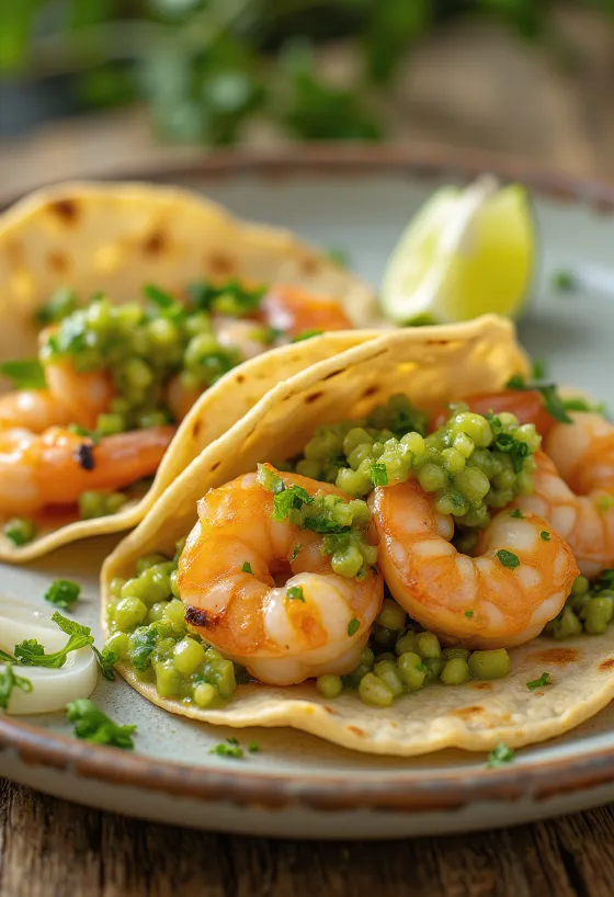 Tacos de Camarones con Salsa Verde được bày biện