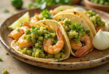 Tacos de Camarones con Salsa Verde được bày biện