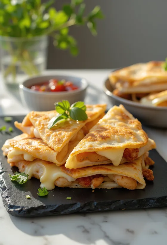 Quesadilla gà nướng vàng nâu, với phô mai tan chảy và thảo mộc tươi