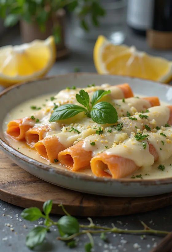 Cannelloni cá hồi và nụ bạch hoa nướng trong khay