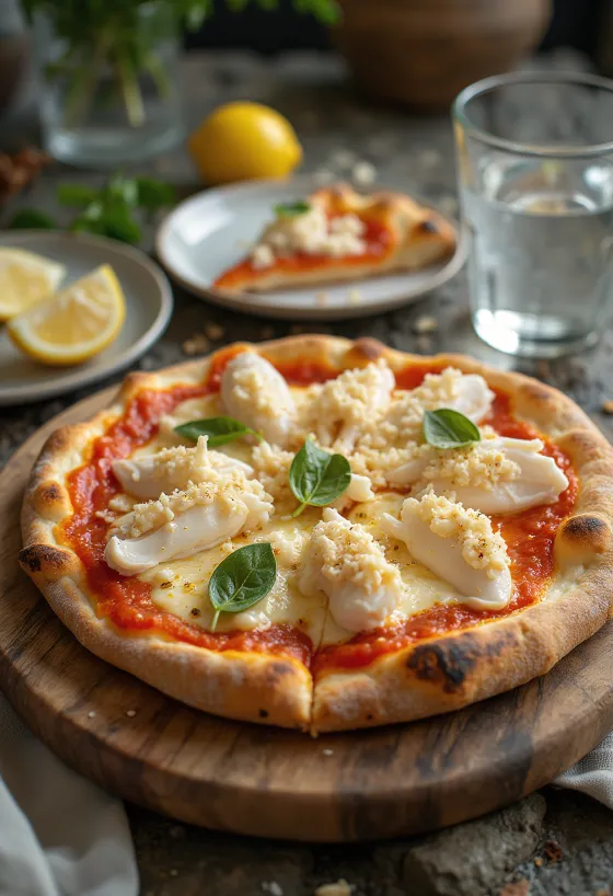 Pizza al Granchio với thịt cua và mùi tây