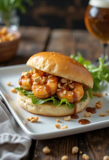 Bánh bao kẹp tôm nướng, hấp, trình bày đơn giản