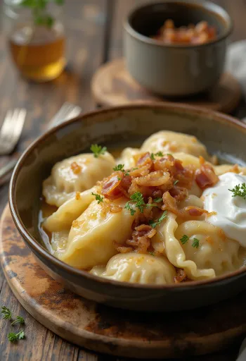 Pierogi cổ điển, nhân phô mai tươi và hành phi, bày ra đĩa