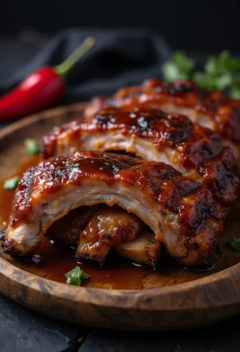 Sườn heo nướng BBQ ướp gia vị bày ra đĩa