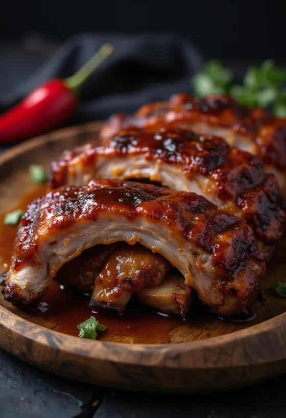 Sườn heo nướng BBQ ướp gia vị bày ra đĩa