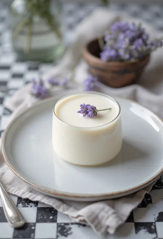 Panna cotta oải hương được bày ra đĩa
