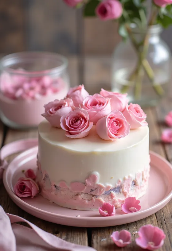 Bánh hoa hồng Valentine phủ fondant trắng và cánh hoa hồng