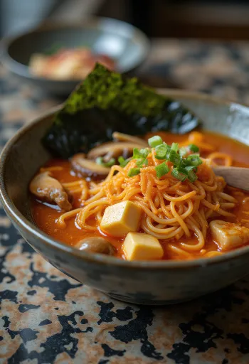 Kimchi ramen ăn kèm đậu phụ và bắp cải muối