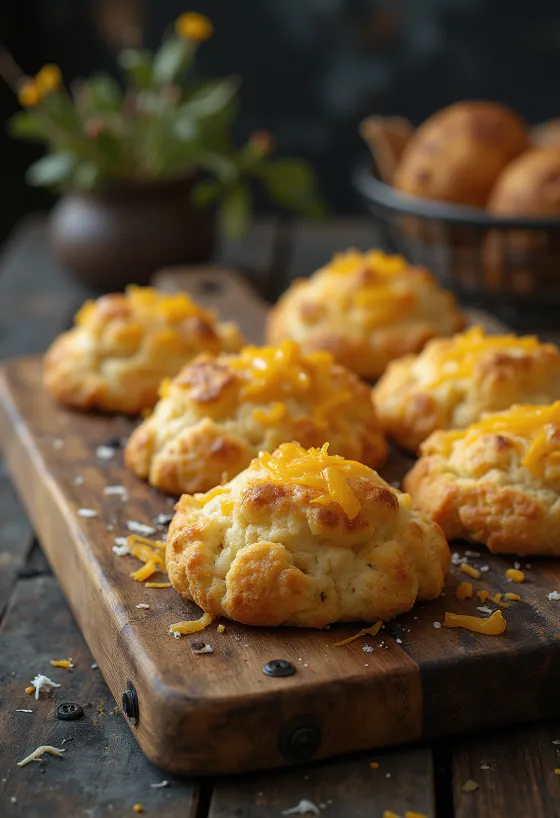 Bánh pogácsa phô mai nướng vàng nâu, với lớp phô mai giòn trên mặt
