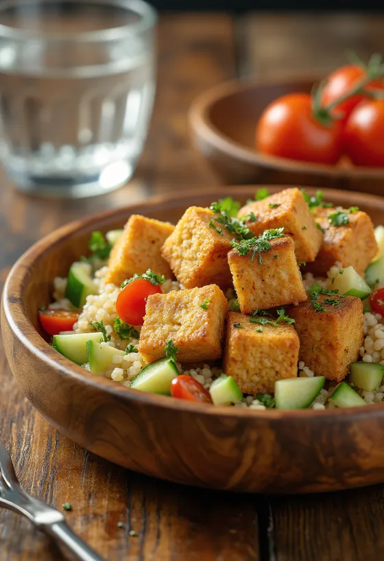 Bát salad diêm mạch (quinoa) đầy màu sắc với đậu phụ nướng vàng.